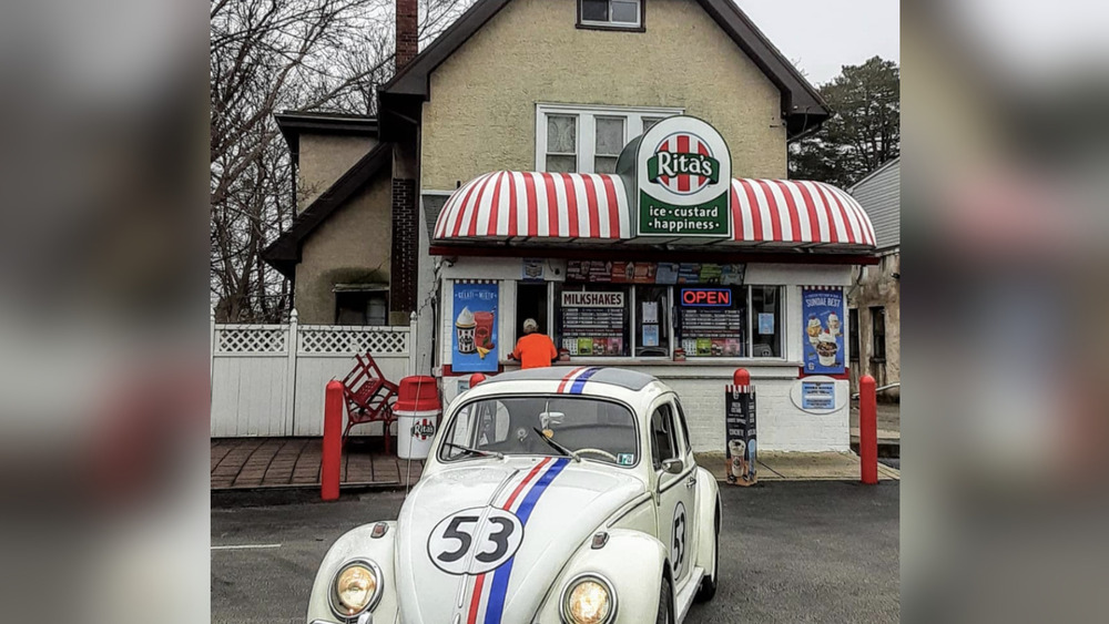 Herbie The Lovebug outside Rita's Italian Ice stand