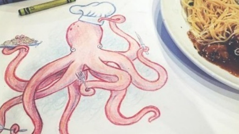 Doodle of an octopus in a chef hat at Romano's Macaroni Grill