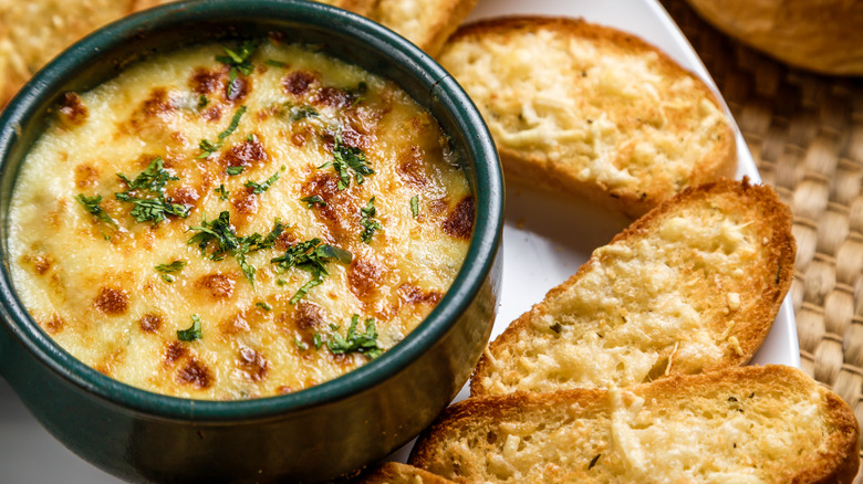 Cheesey spinach artichoke dip with toasted