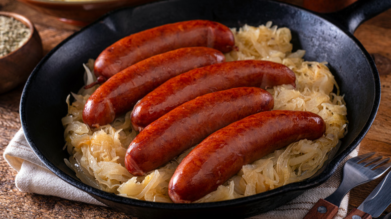 sausage and sauerkraut in skillet