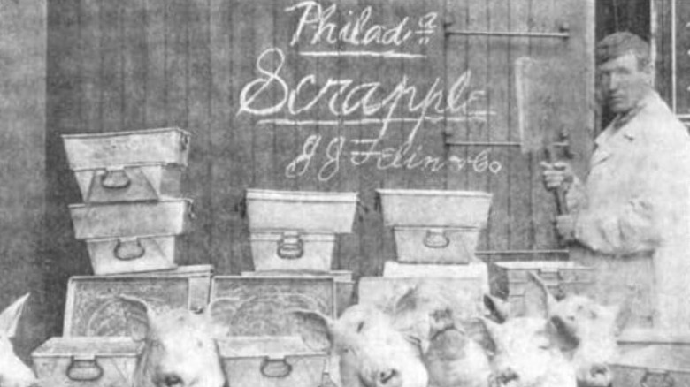 square scrapple tins stacked behind pig heads