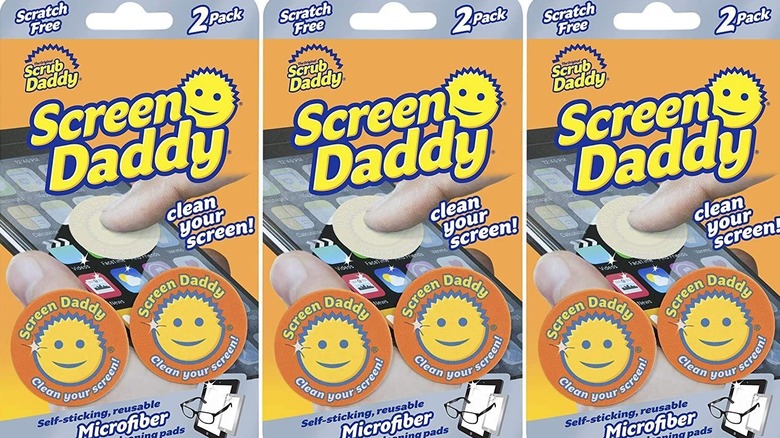 scrub daddy, screen daddy, fingers, cellphone, yellow lettering