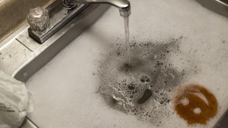 sink filled with soapy water and scrub daddy sponge