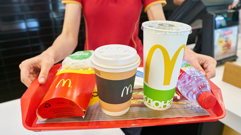 Food on a red tray