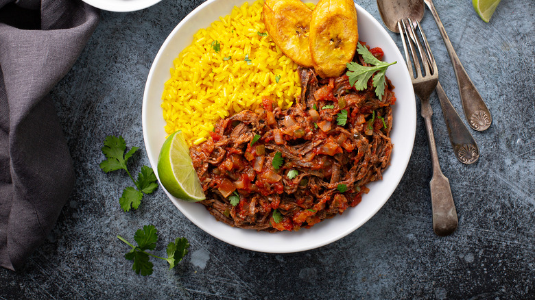 ropa vieja with rice and plantains