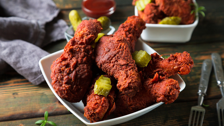 Nashville hot chicken in white bowl