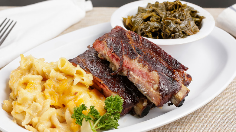 Barbecue dinner with collards and macaroni and cheese