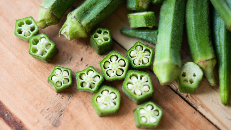 Okra slices on a cutting board