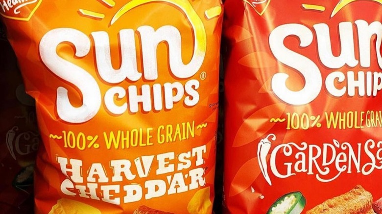 two bags of Sun Chips in Cheddar and Garden Salsa