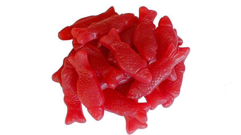 close up of red Swedish Fish candies