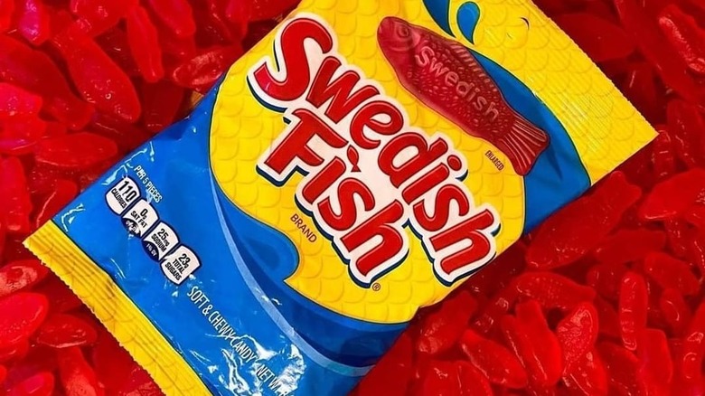 yellow, red, and blue Swedish Fish bag