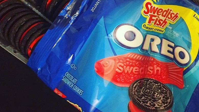 close up of opened package of Swedish Fish Oreos