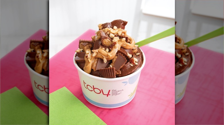 TCBY topped with reese's peanut butter cups