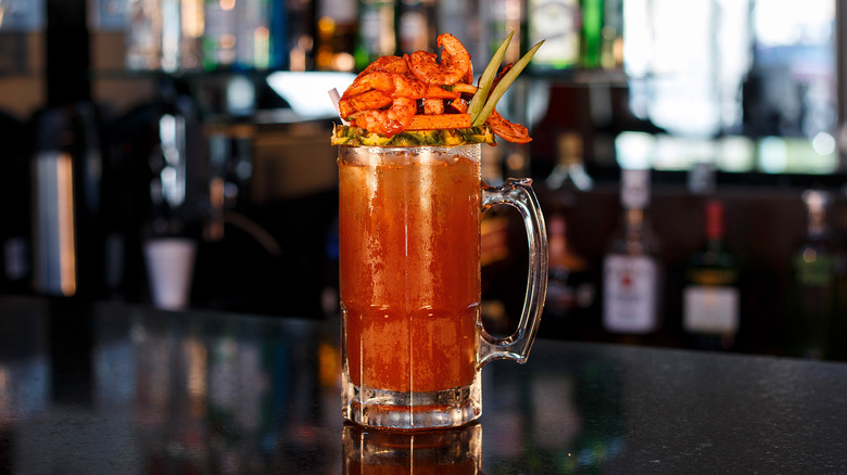 Heavily garnished bloody mary