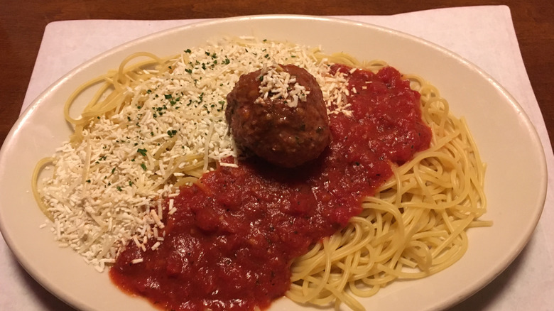 Plate of spaghetti with two sauces