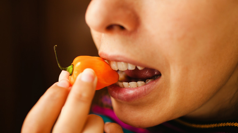 Woman biting into habanero pepper