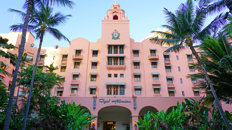 pink hotel in palm trees