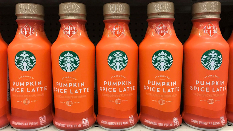 Packed pumpkin spice lattes from Starbucks