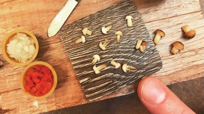 tiny mushrooms on a tiny cutting board