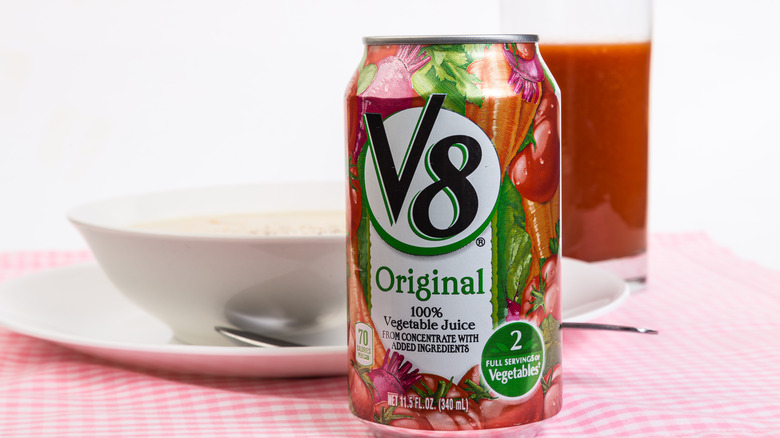 V8 drink in can and glass