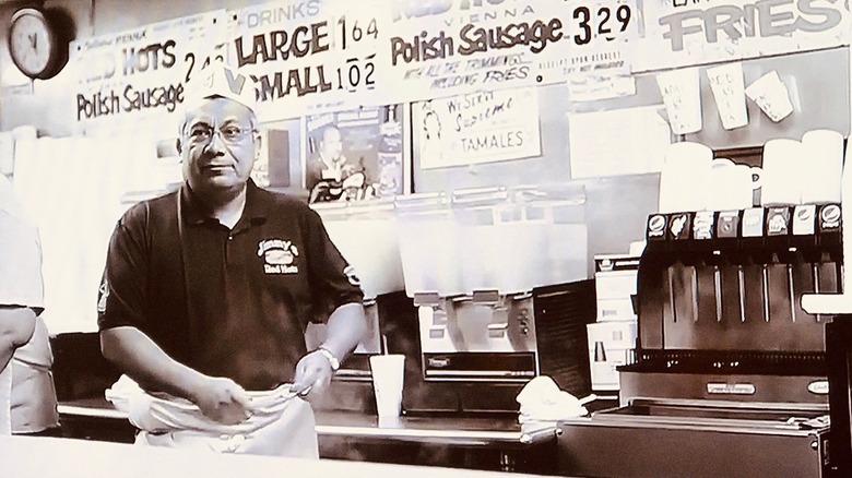 man wearing vienna beef hat