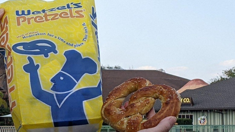 wetzel's pretzel bag next to pretzel