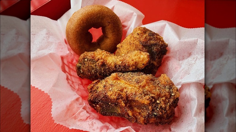 basket of fried chicken and donut