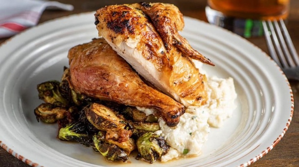 Rotisserie chicken, Brussels sprouts, and celery root puree