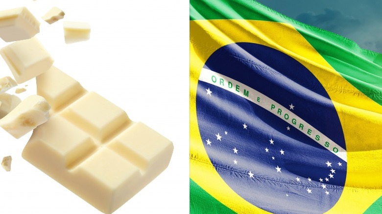 White chocolate bar pieces and Brazilian flag