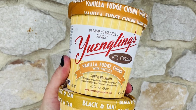 Person holding Yuengling ice cream cartons