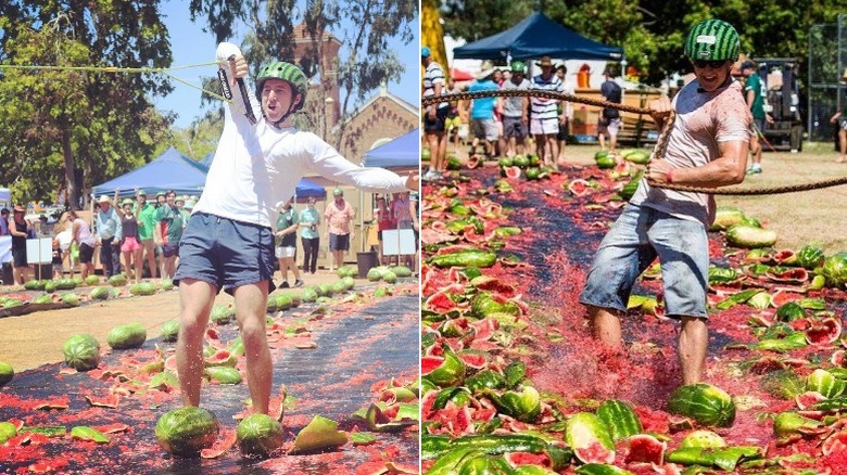 Side-by-side photos of people skiing with watermelons on their feet