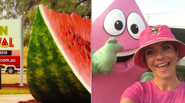 Side by side image of large watermelon statue and festival mascot 