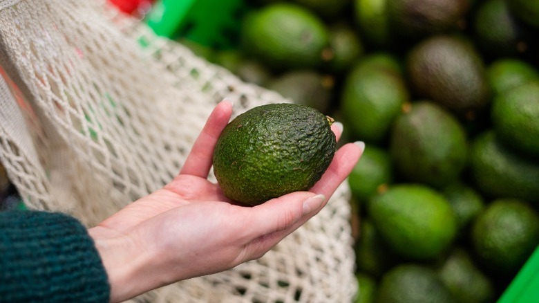 hand holding avocado with shopping bag