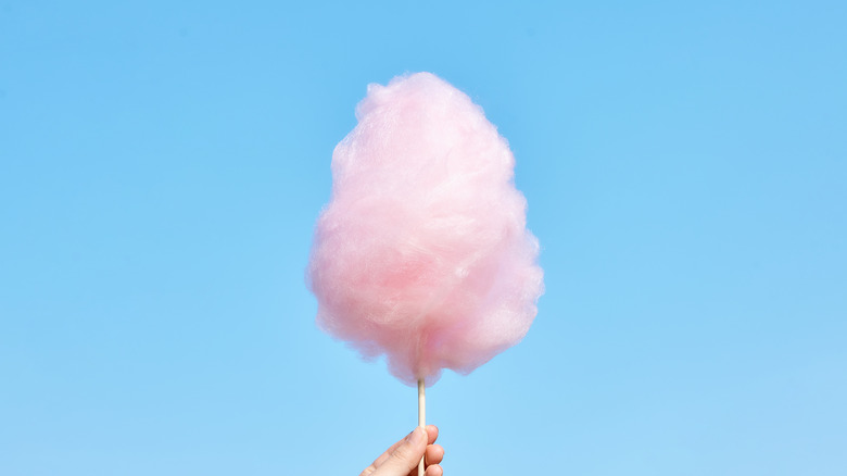 Pink cotton candy on wooden stick with blue background