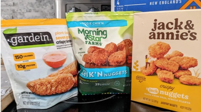 Three different brands of vegan nuggets