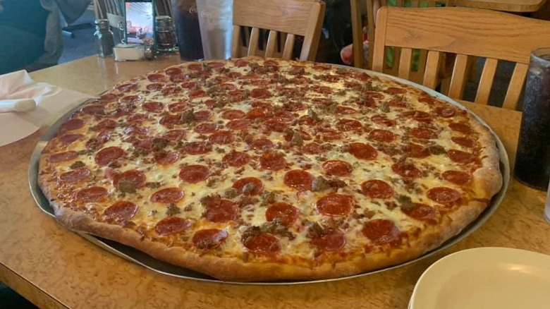 close up of a giant pizza