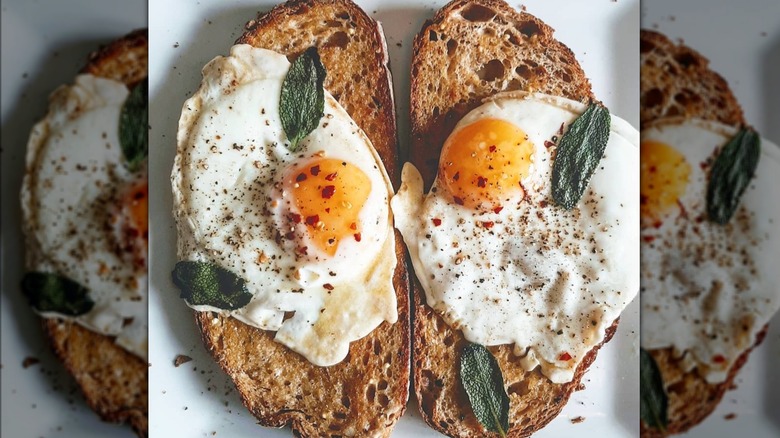 toast with fried eggs topped with sage leaves