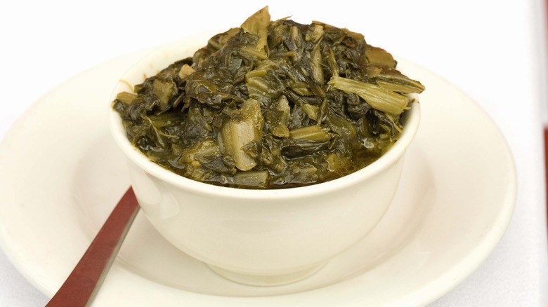 collard greens in white bowl