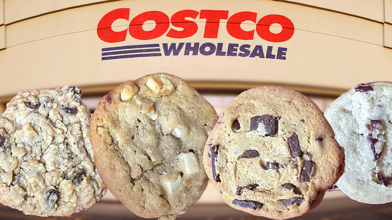 Four Costco cookies under storefront