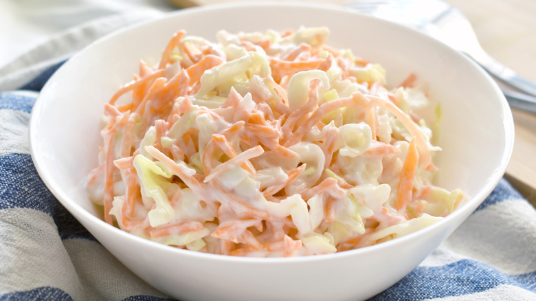 White bowl of coleslaw