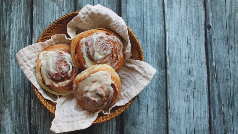 A basket of cinnamon rolls