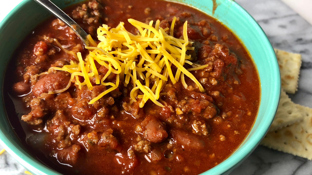 Teal bowl of chili