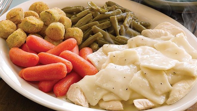 chicken n' dumplins, okra, green beans, carrots