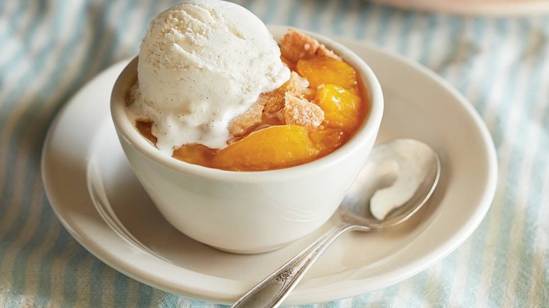 peach cobbler and vanilla ice cream