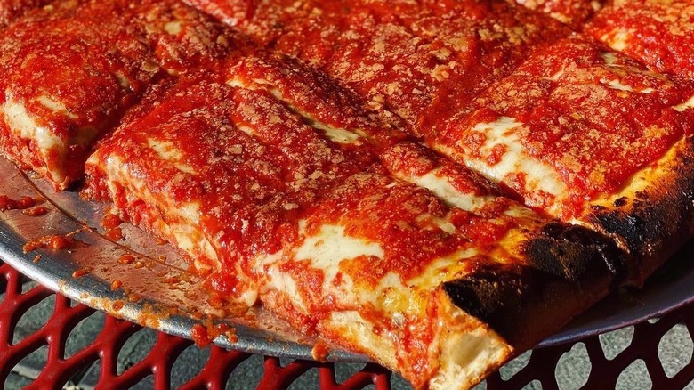 L&B Spumoni Gardens thick pizza slices