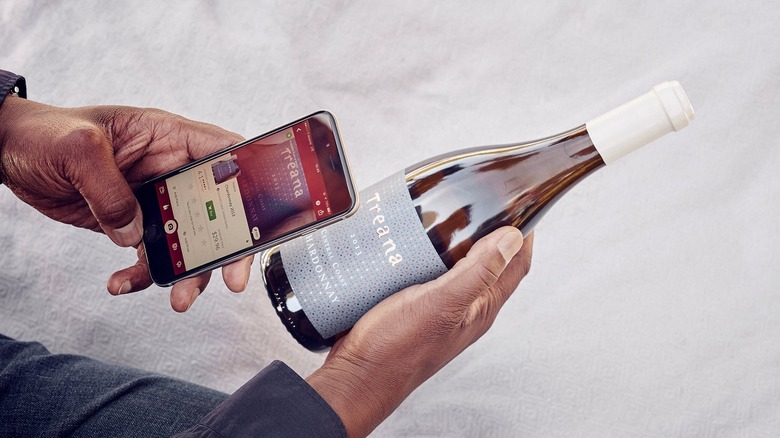 person using the vivino app with a bottle of wine