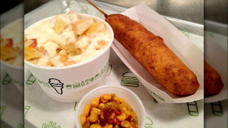 A corn dog, sweet relish, and ice cream from Shake Shack