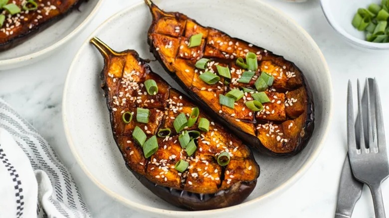 Korean glazed eggplant halves