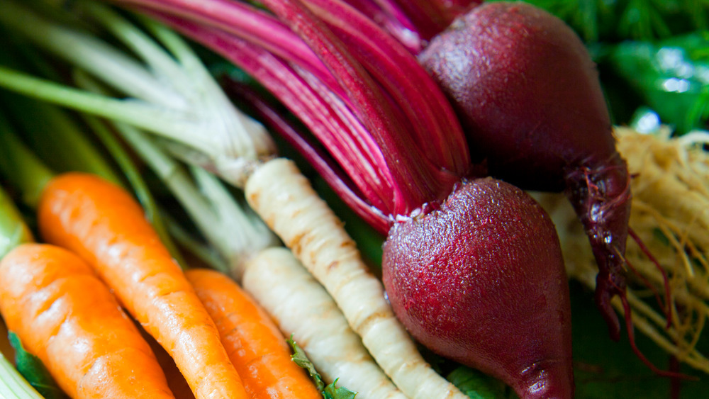 Beets, carrots, and parsnips in a box