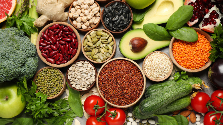 A variety of fruits and vegetables grouped together